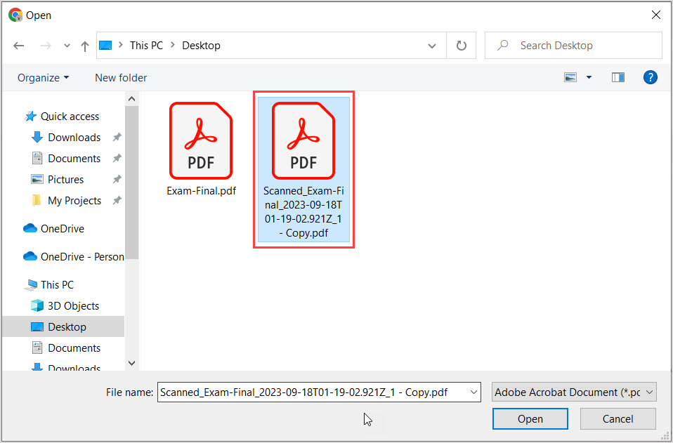 An external scanned PDF document is selected from the user's local drive.